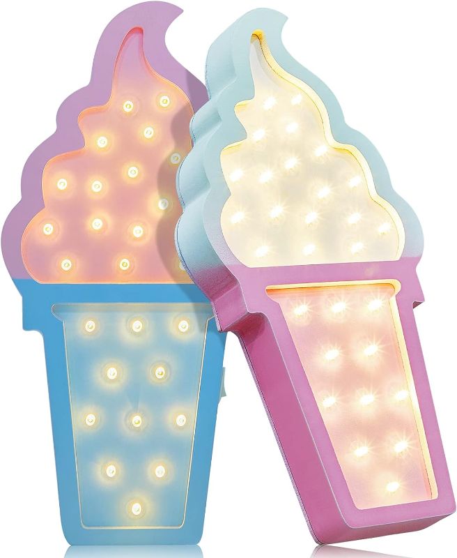 Photo 1 of 2 Pcs Ice Cream Valentine Romance Atmosphere Light Wooden Ice Cream LED Night Light Ice Cream Theme Valentine Romance Lamps Battery Operated LED Night Lights for Birthday Party Decor (Blue-Pink)