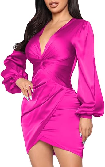 Photo 1 of FairyLove Women's Elegant Empire Waist Long Sleeve Wedding Guest Party Cocktail Bodycon Irregular Satin Dresses