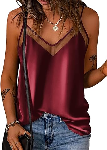 Photo 1 of Ekouaer Silk Tank Top for Women Mesh V Neck Satin Camisole Silky Sleeveless Tank Cami Shirt