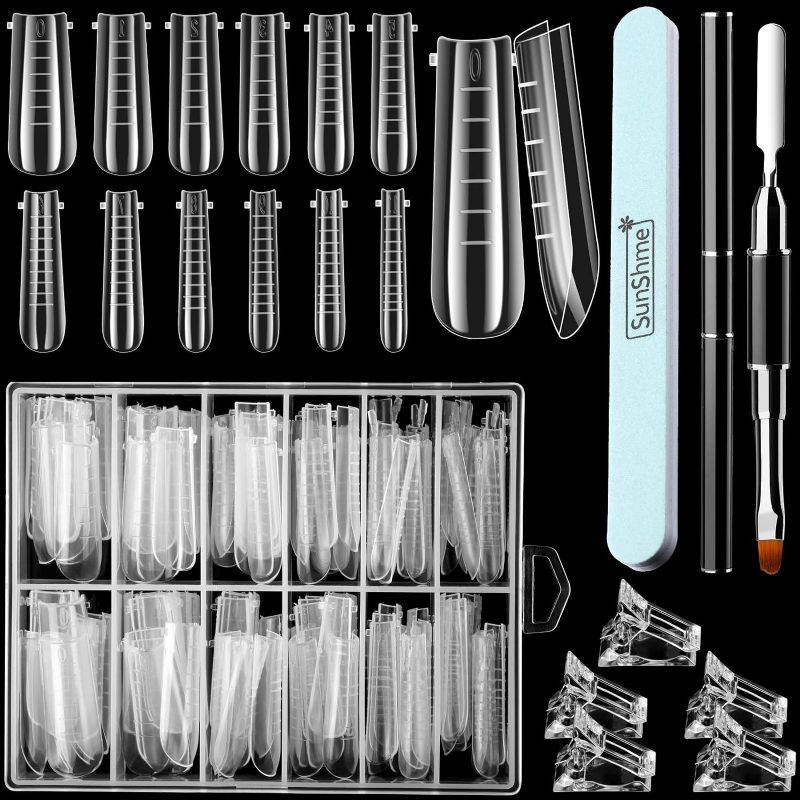 Photo 1 of 120 Pieces Dual Nail Forms Set Gel Nail Mold Extension Forms Coffin Nail Gel Forms for Acrylic Nails with 12 Sizes Scale and Nail Clips Gel Brush Pen 600/3000 Grit Nail Buffer, Clear
