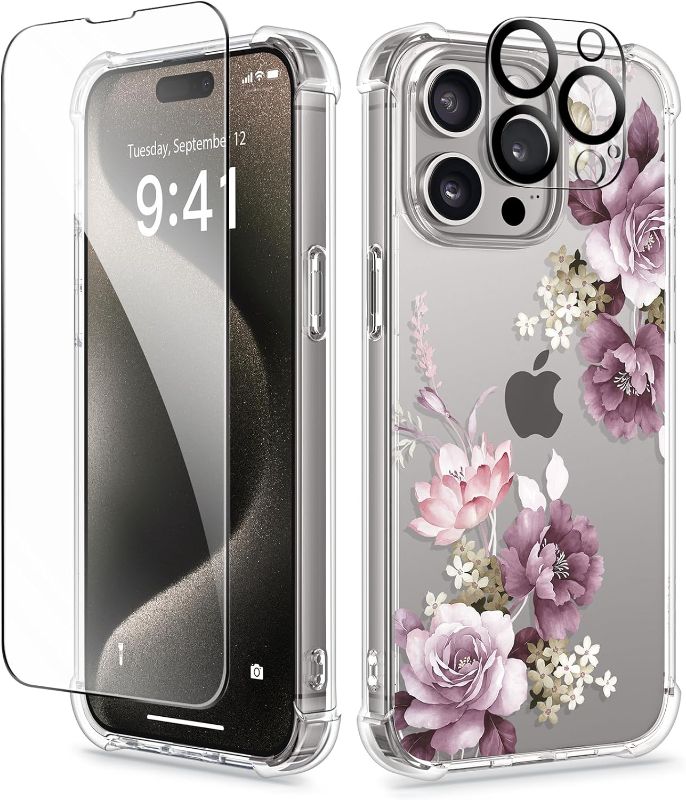 Photo 1 of GVIEWIN for iPhone 15 Pro Max Case Floral,with Screen Protector & Camera Lens Protector, Hard PC + TPU Bumper Shockproof Protective Clear Flower Women Phone Cover 6.7"(Cherry Blossoms/Purple)
