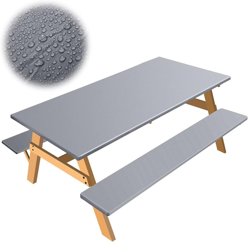 Photo 1 of 3 Pcs Picnic Table and Bench Fitted Tablecloth Cover for 6 Ft Table 30 x 72 Inch Vinyl Fitted Elastic Edges Waterproof Wipeable Tablecloth for Indoor Outdoor Travel Picnics Patio Camping (Grey)
