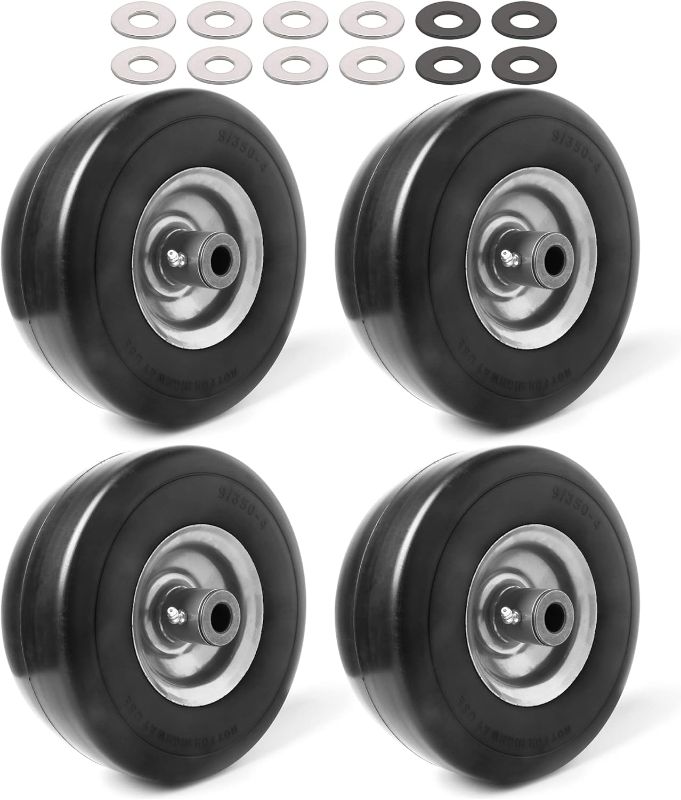 Photo 1 of (4-Pack) 9x3.50-4” Flat Free Lawnmower Tire with 4" Centered Hub, 3/4" Bushings and Wheel Assemblies - PU Tire on Wheel and Adapter Kits
