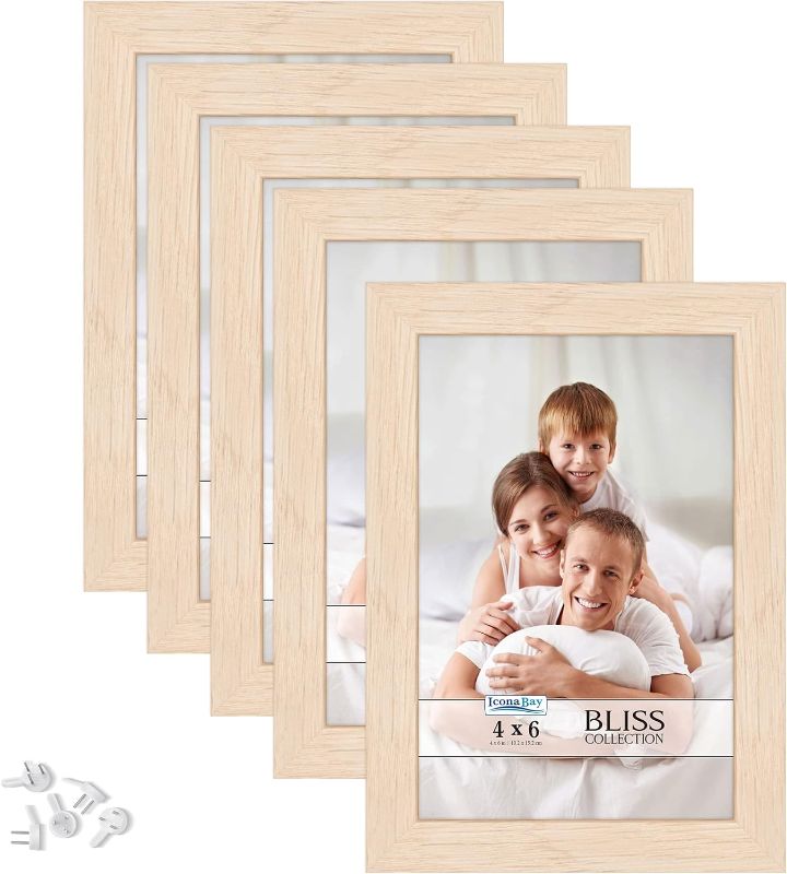 Photo 1 of Icona Bay 4x6 Picture Frames (Light Oak, 5 Pack), Modern Style Wood Composite Frames Table Top or Wall Mount, Bliss Collection