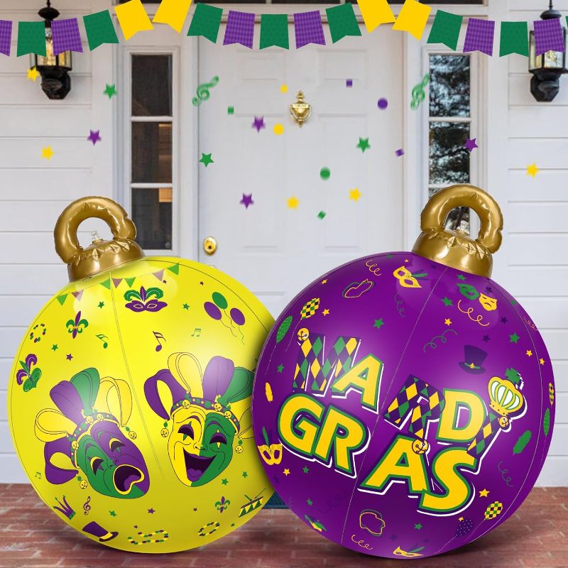 Photo 1 of 2 Pcs 23.6 Inch Giant Mardi Gras Inflatables Ball,Large PVC Outdoor Mardi Gras Ornaments Blow up Balls Decorations for Outside Holiday Yard Lawn Tree Decor