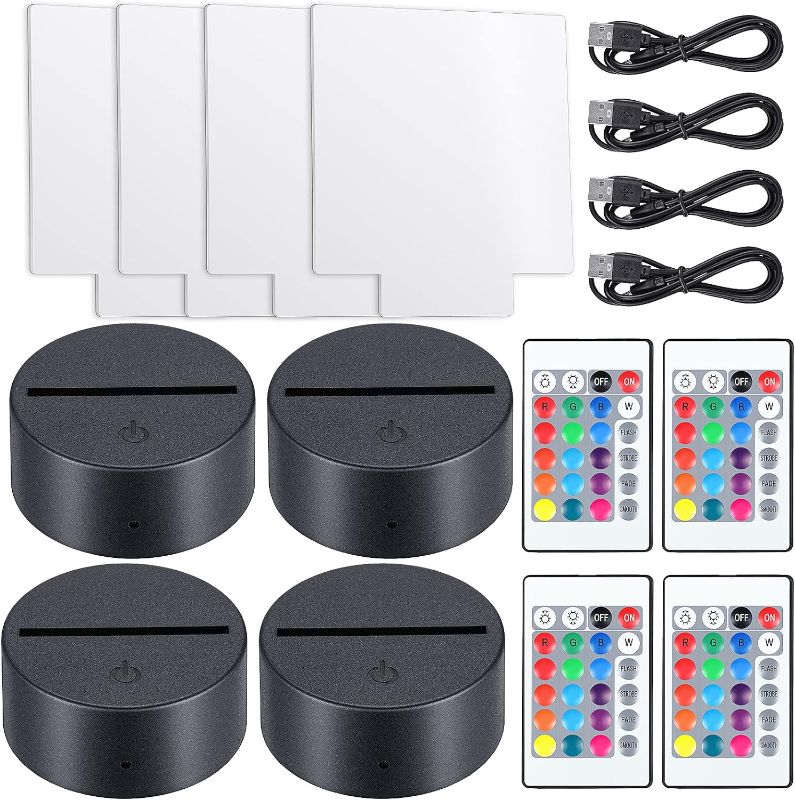 Photo 1 of 4 Pieces 3D Night LED Light Lamp Base with 4 Pieces Clear Acrylic Sheets & Remote Controls and Charging Cables Adjustable 16 Colors 4 Modes for Child Room Bar (Square Style)
