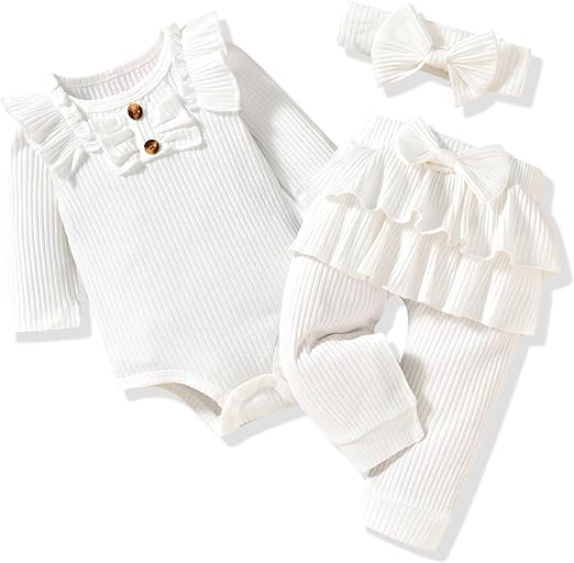 Photo 1 of Aalizzwell Preemie Newborn Infant Baby Girls Clothes Ribbed Bodysuit Pants Set Fall Winter Outfits
