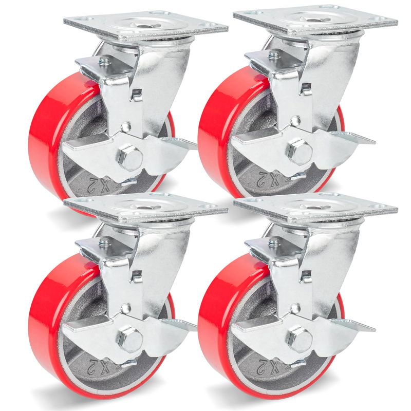 Photo 1 of 6 Inch Rigid Industrial Casters Heavy Duty No Noise Polyurethane Wheel on Steel Hub, 1200 Lbs Load Capacity Rigid Casters for Toolbox Workbench (4 Pack)