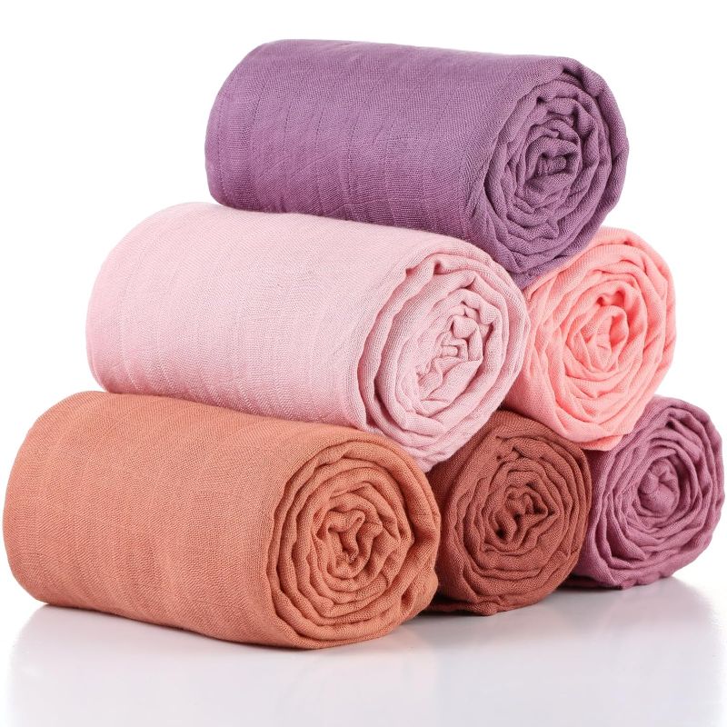 Photo 1 of Preboun 6 Pcs Muslin Swaddle Blankets Breathable Cotton Baby Blankets Colorful Baby Swaddle Receiving Blankets Soft Cotton Newborn Blankets Christmas Baby Gift for Unisex Boys Girls (Classic Colors)