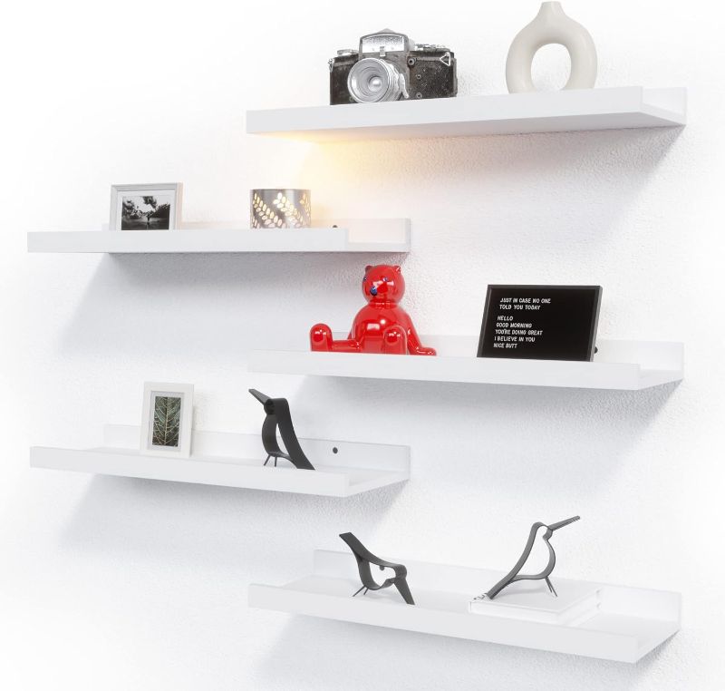 Photo 1 of RICHER HOUSE 5 Set White Floating Shelves, Wall Mounted Shelves for Wall Decor, Modern Picture Ledge Shelf with Lip for Wall Storage Nursery, Bedroom, Living Room, Bathroom - White