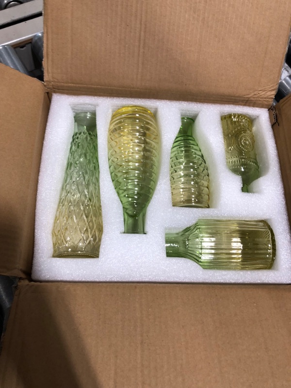 Photo 1 of Glasseam Vintage Green Glass Vase: Boho Flower Vase Set of 5 Decorative Small Vases for Flowers Decor Colored Anique Bud Vases for Centerpieces Living Room Wedding Dining Table Decorations Yellow Green 5