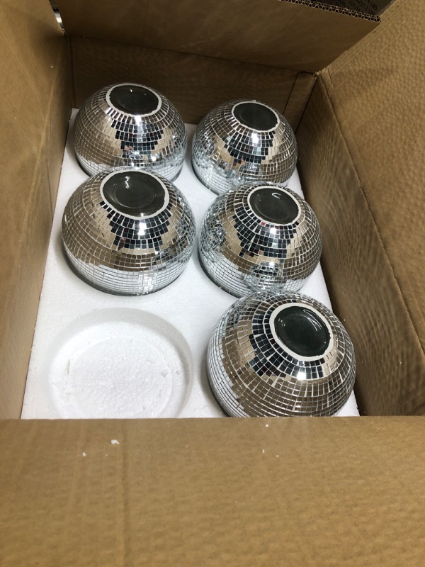 Photo 1 of 5 Pieces Disco Ball Flower Vase Mirror Disco Ball Glass Vase Disco Ball Planter Candle Holder Glass Vase Bulk for Wedding Centerpieces Bedroom Kitchen Office Decoration Birthday (Silver, 5 x 6 Inch)
