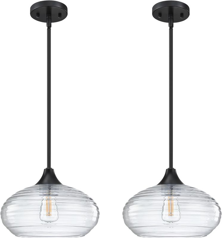 Photo 1 of 2 Pack 1 Light 10" Kitchen Island Hanging Pendant Light Farmhouse Dining Clear Glass Shade Light Fixture,with Black Finish for Bathroom,Over Sink