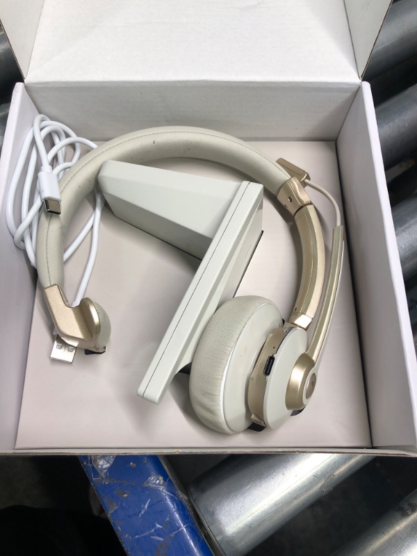 Photo 2 of Bluetooth Headset, Wireless Headphones with Microphone Noise Canceling & USB Dongle, V5.0 Trucker Bluetooth Headset with Mic Mute & Charge Dock for PC/Laptop/Phone/Meeting/CallCenter/Office Gold