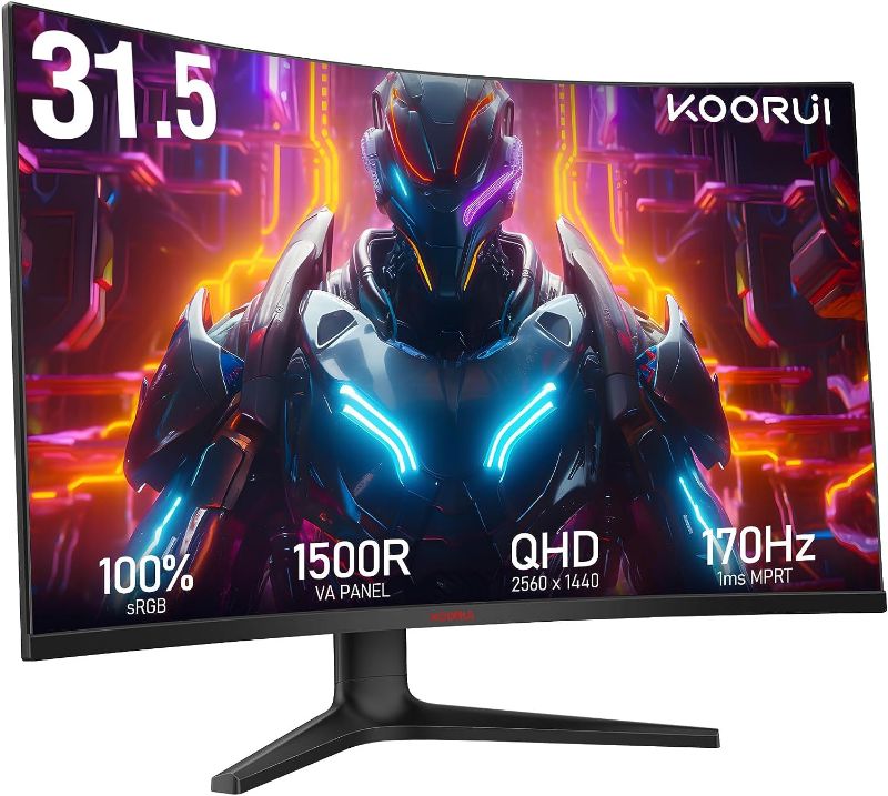 Photo 2 of **Factory Packaged** KOORUI 32 inch Curved Gaming Monitor - QHD (2560 x 1440) 2K Display, 170Hz 144Hz Monitor, 1500R Curvature, 1ms, HDR10, Adaptive Sync, Tilt Adjustable, DisplayPort HDMI, Black - GA01 31.5"170Hz/GA01