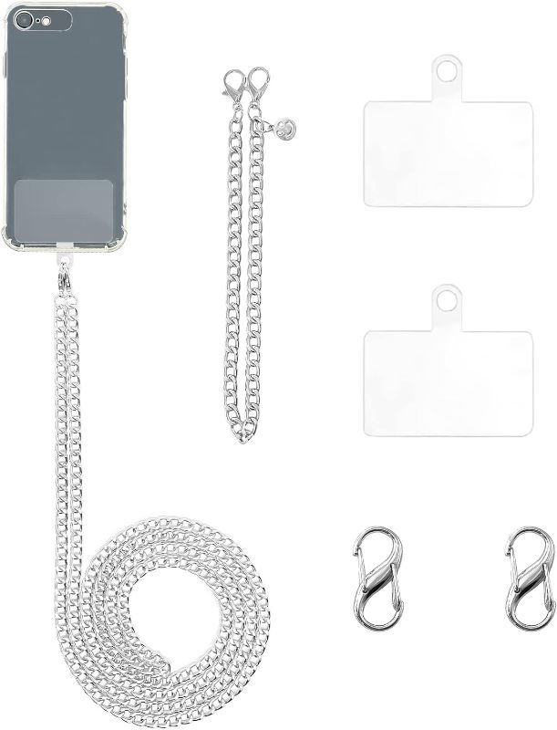 Photo 1 of Cell Phone Lanyard Adjustable Metal Phone Chain Strap Crossbody Phone Holder for Women Anti-Loss Phone Wrist Strap, Silver