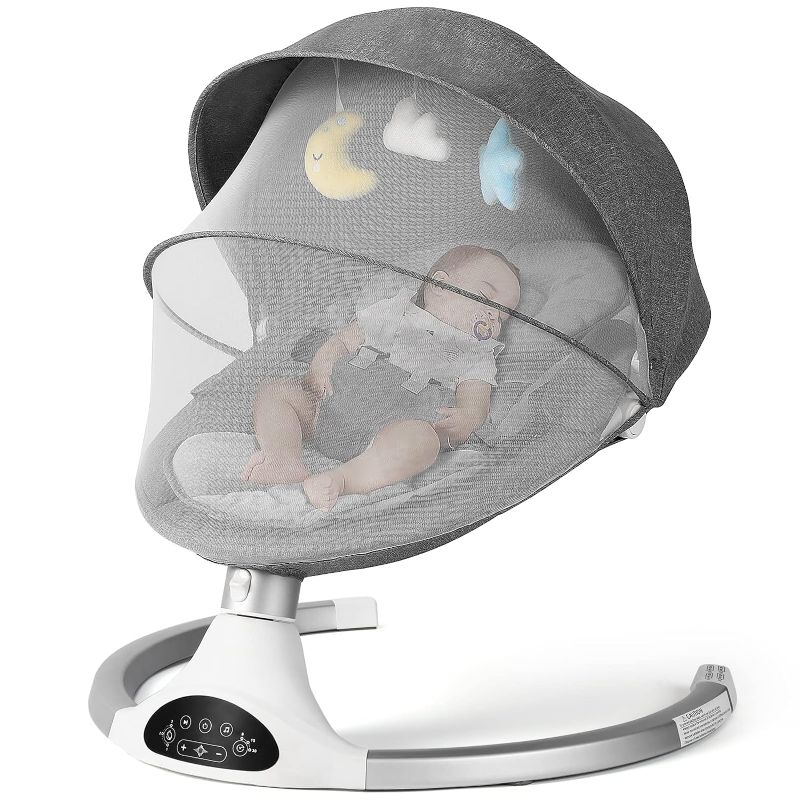 Photo 1 of Baby Swing for Infants, Baby Rocker with 5 Point Harness, Bluetooth Support, 10 Preset Lullabies and 3 Speeds Infant Swing with Remote Control, Grey