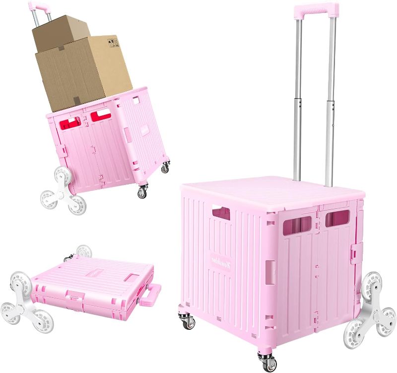 Photo 1 of **READ NOTES BEFORE PURCHASING ITEM** 
Honshine Foldable Cart with Stair Climbing Wheels, Collapsible Rolling Crate with Telescoping Handle, Handcart for Grocery Book File Tool Art Supplies(Pink)