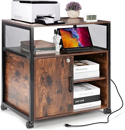 Photo 1 of Rolling Printer Stand, Lateral File Cabinet with Locks and Bulit-in Charging Station, Printer Cabinet with Height Adjustable Storage Shelf, Rustic Brown