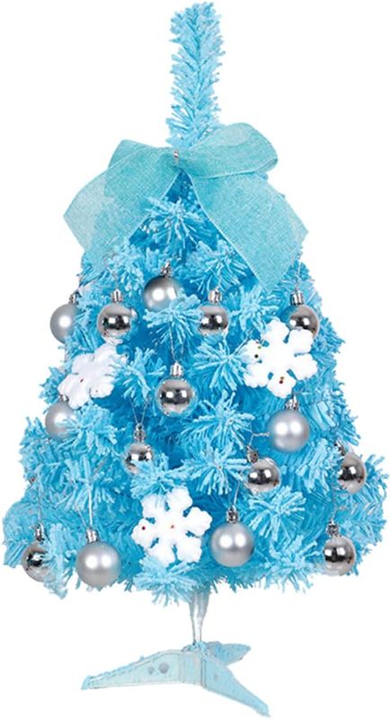Photo 1 of 23.6inch Blue Tabletop Mini Christmas Tree Set with Warm LED Lights, Artificial Christmas Tree with Plastic Stand, Tabletop Mini Christmas Pine Tree for Christmas New Year Wedding (Blue)