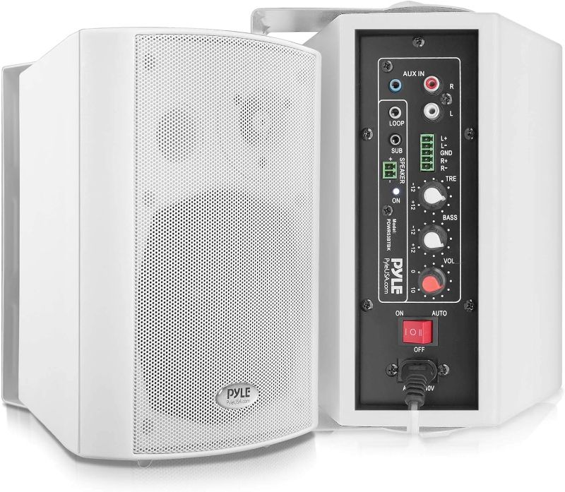 Photo 1 of Pyle Wall Mount Home Speaker System - Active Passive Mountable Bookshelf Indoor Studio Garage Patio Stereo Sound Home Theater, Wireless Bluetooth Speaker Set W/Aux & RCA, White
