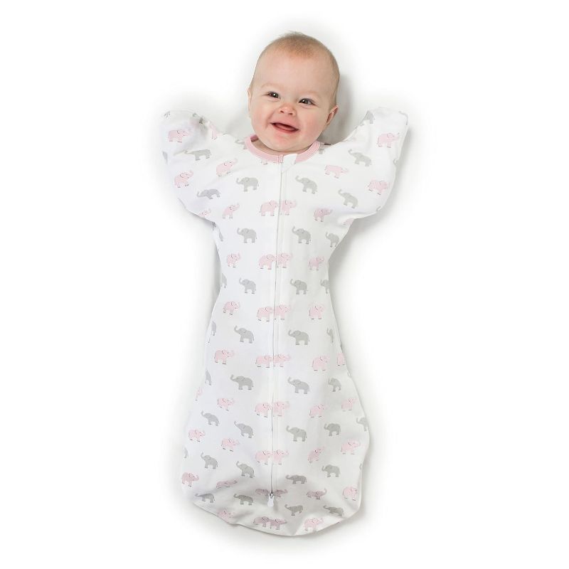 Photo 1 of Amazing Baby Transitional Swaddle Sack with Arms Up Half-Length Sleeves and Mitten Cuffs, Tiny Elephants, Pink, Medium, 3-6 months, 14-21 lbs (Better Sleep for Baby Girls, Easy Swaddle Transition)
