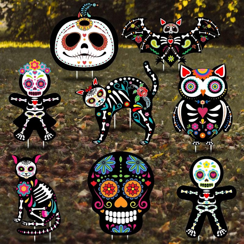 Photo 1 of 8 Pieces Halloween Decorations Outdoor Yard Signs with Stakes, Day of The Dead Party Supplies Sugar Skull Skeleton Cat Owl Garden Lawn Decor for Scary Halloween Party
