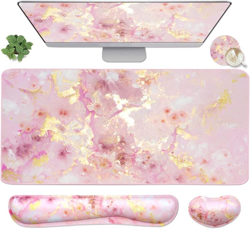 Photo 1 of Large Mouse Pad and Keyboard Wrist Rest, Desk Pad for Keyboard and Mouse, 4-in-1 Large Gaming Mouse Pad with Wrist Support, Non-Slip Desk Mat for Home Office Study Game-Pink Gold Marble