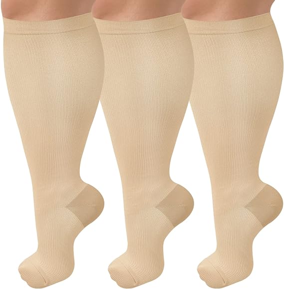 Photo 1 of 3 Pack Plus Size Compression Socks for Women & Men, 15-20mmHg Extra Wide Calf Knee High Stockings for Circulation Support 08-3 Pack Nude XX-Large