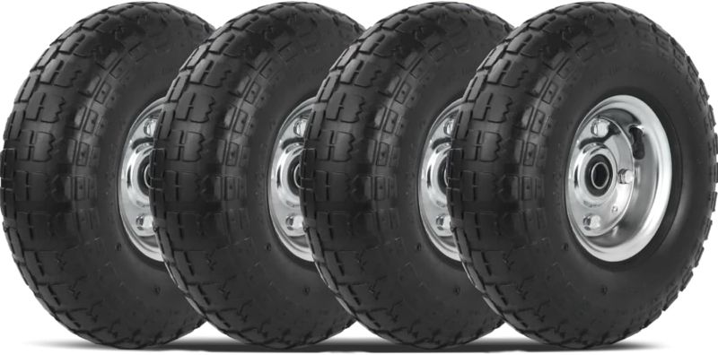 Photo 1 of 4 Pack 10-Inch Tires and Wheels 4.10/3.50-4 Replacement Utility Tires for Dolly, Hand Truck, Gorilla Cart, Generator, Lawn Mower, Garden Wagon With 5/8-Inch Axle Borehole and Double Sealed Bearings