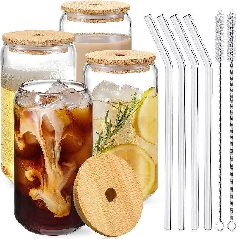 Photo 1 of 4Pcs Set Drinking Glasses with Bamboo Lids and Glass Straw, 16oz Can Shaped Glass Cups, Beer Glasses, Iced Coffee Cups, Glass Tumbler Include 2 Cleaning Brushes, Great for Cocktail,Gifts