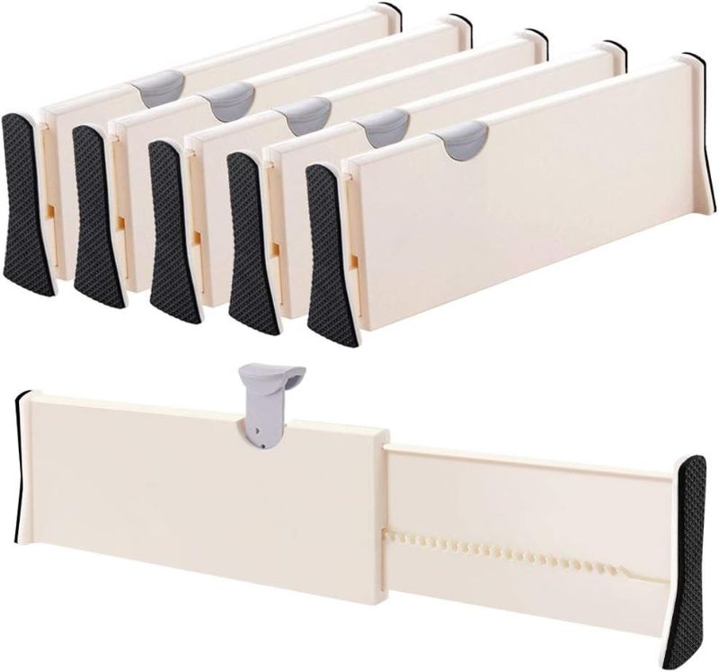 Photo 1 of Drawer Dividers Organizer 5 Pack, Adjustable Separators 4" High Expandable from 11-17" for Bedroom, Bathroom, Closet,Clothing, Office, Kitchen Storage, Strong Secure Hold, Foam Ends, Locks in Place