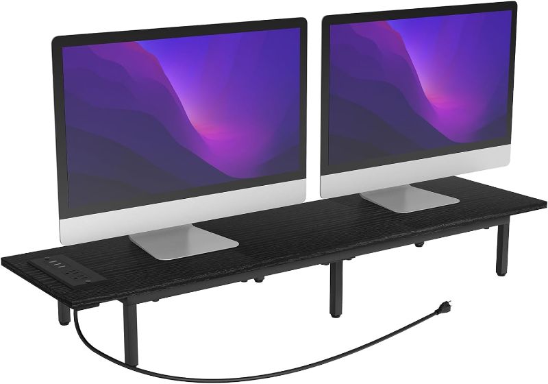 Photo 1 of Wood Monitor Stand Riser 2 Monitor Holder with Charging Long Computer Stand Holder Dual Monitor Stands for 2 Screens Desktop Organizer Riser for Laptop Printer Shelf TV Riser with USB Ports