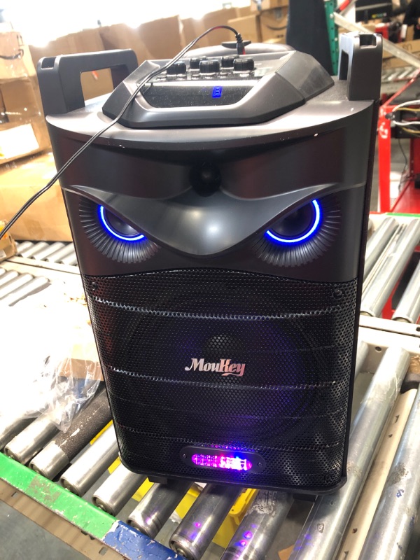 Photo 2 of Moukey Karaoke Machine, PA System Subwoofer, Portable Bluetooth Speaker w/ 2 Wireless Microphones, Lyrics Display Holder, Party Lights & Echo/Treble/Bass Adjustment, Support TWS/REC/AUX/MP3/USB/TF/FM 10" Subwoofer