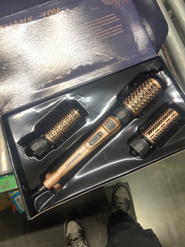 Photo 1 of Beautimeter Hair Dryer Brush, 3-in-1 Round Hot Air Spin Brush Kit for Styling and Frizz Control, Negative Ionic Blow Hair Dryer Brush Volumizer, 3 Detachable Auto-Rotating Curling Brush, Black & Gold