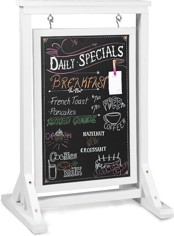 Photo 1 of Ilyapa Rustic Double Sided Swinging Chalkboard Sidewalk Sign 21 x 32 Inches - White Magnetic A Frame Alternative Menu Board Sandwich Board Message Sign, Freestanding Sandwich Sign for Restaurant White 21x32