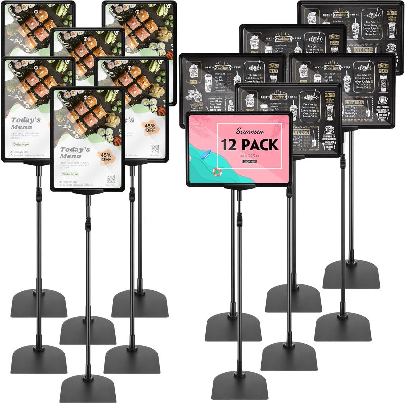 Photo 1 of 12 Pack Adjustable Poster Stand Holder 8.5x11 Inch Floor Standing Display Sign Holder for Advertising Business Menu Sign Holder Vertical and Horizontal View Sign Displayed Black