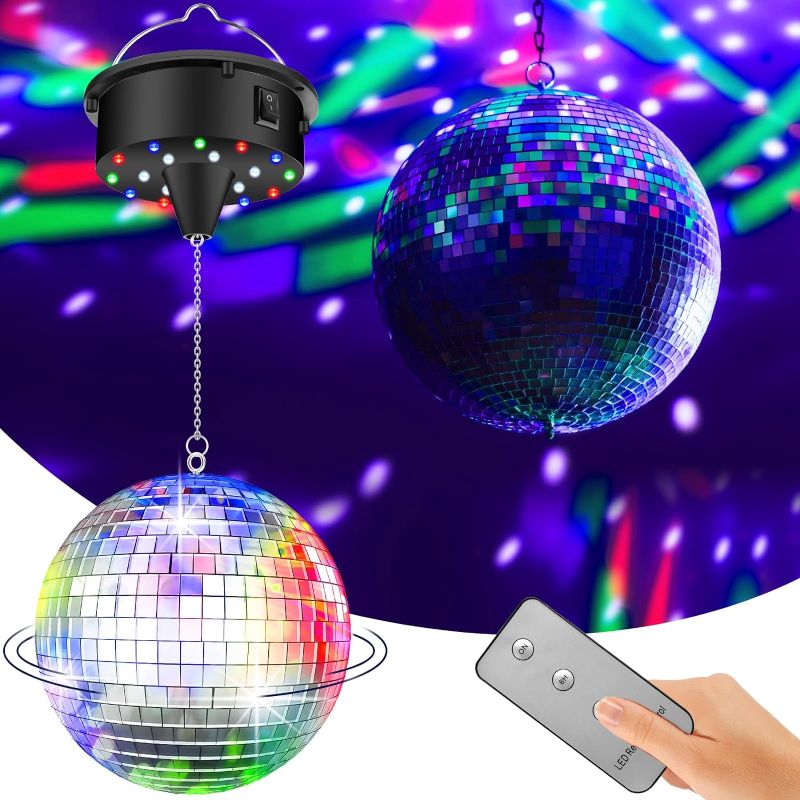 Photo 1 of 10 RPM Disco Ball with Motor and Disco Ball — Plug/Battery Powered Disco Ball Light with 4 Color Lights,18 LED Beads and Mirror Ball, Christmas Party, Back to 70s Theme Party Supplies 10RPM