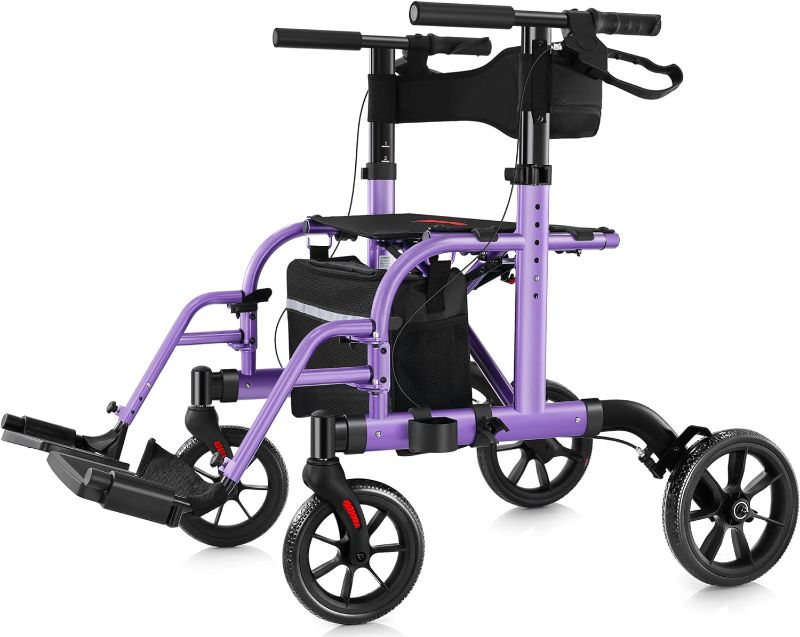 Photo 1 of 2 in 1 Rollator Walker Transport Chair for Seniors, 10” Wheels Medical Rollator for Senior with Widen Seat Backrest, Detachable & Adjustable Footrests Folding Walker Wheelchair Combo, Purple