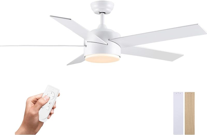 Photo 1 of 52 inch White Ceiling Fans with Lights and Remote Control, 3 CCT Quiet Reversible Motor, Wooden 5 Blades LED Modern Ceiling Fan for Bedroom, Living Room, Dining Room