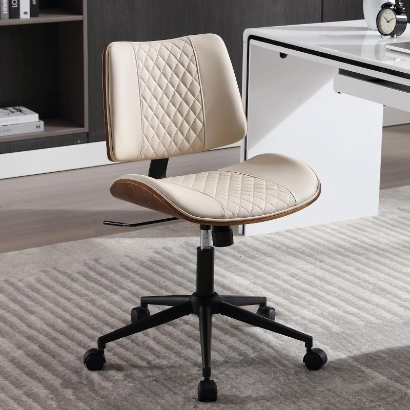 Photo 1 of Home Office Chair No Arms with Wheels, Adjustable Height Small Desk Chair, PU Leather Mid Back 360 Swivel Computer Chair, Armless Modern Walnut Chair for Office, Reading Meeting Room(Beige)