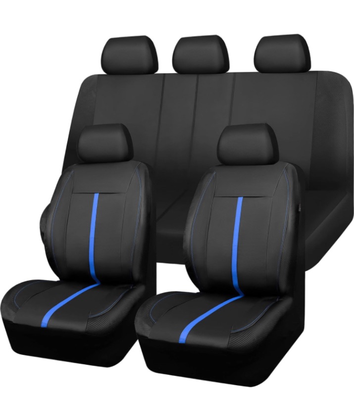 Photo 1 of  CAR-GRAND Leather Car Seat Covers Black Blue, Sporty Carbon Fiber Leather Full Set Waterproof Auto Seat Covers, Airbag Compatible, Universal Fit for SUV,Sedans,Vans,Pickup, Full Set, Black Blue