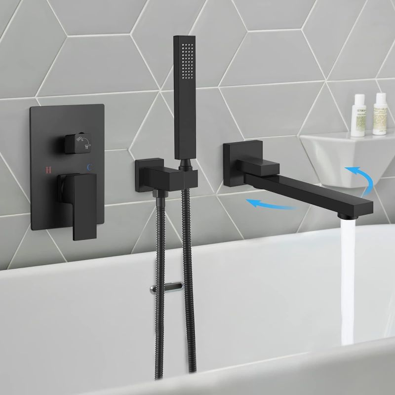 Photo 1 of gotonovo Matte Black Wall Mount Bathtub Faucet with Hand Held Sprayer and Swivel Tub Filler Single Handle Bathroom Shower System Mixer For Tub Rough-In Valve Included Dual Functions
