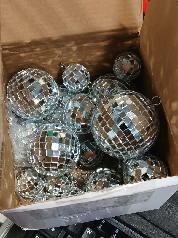 Photo 2 of 20 Pcs Hanging Mirror Disco Ball Ornaments Glass Disco Balls Decoration Different Sizes 70s Reflective Mini Disco Ball Decor with Rope (2.4 Inch, 2 Inch, 1.6 Inch, 1.2 Inch)