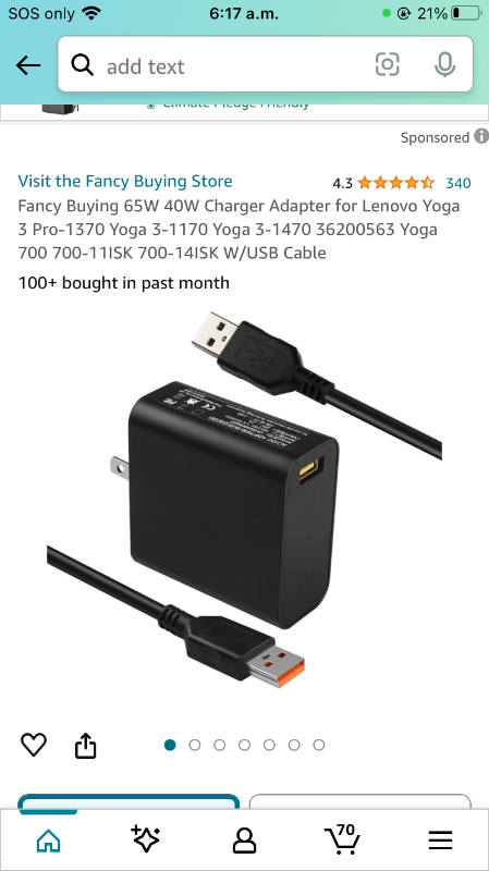 Photo 1 of Fancy Buying 65W 40W Charger Adapter for Lenovo Yoga 3 Pro-1370 Yoga 3-1170 Yoga 3-1470 36200563 Yoga 700 700-11ISK 700-14ISK W/USB Cable