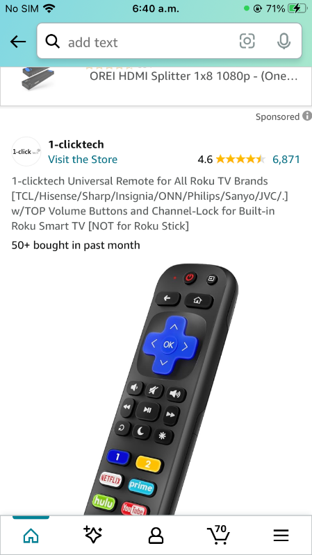 Photo 1 of 1-clicktech Universal Remote for All Roku TV Brands [TCL/Hisense/Sharp/Insignia/ONN/Philips/Sanyo/JVC/.] w/TOP Volume Buttons and Channel-Lock for Built-in Roku Smart TV [NOT for Roku Stick]