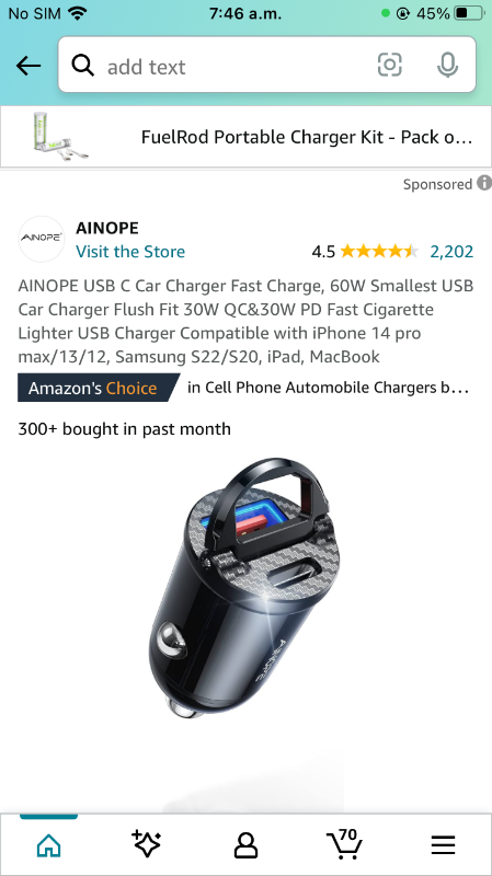 Photo 1 of AINOPE USB C Car Charger Fast Charge, 60W Smallest USB Car Charger Flush Fit 30W QC&30W PD Fast Cigarette Lighter USB Charger Compatible with iPhone 14 pro max/13/12, Samsung S22/S20, iPad, MacBook