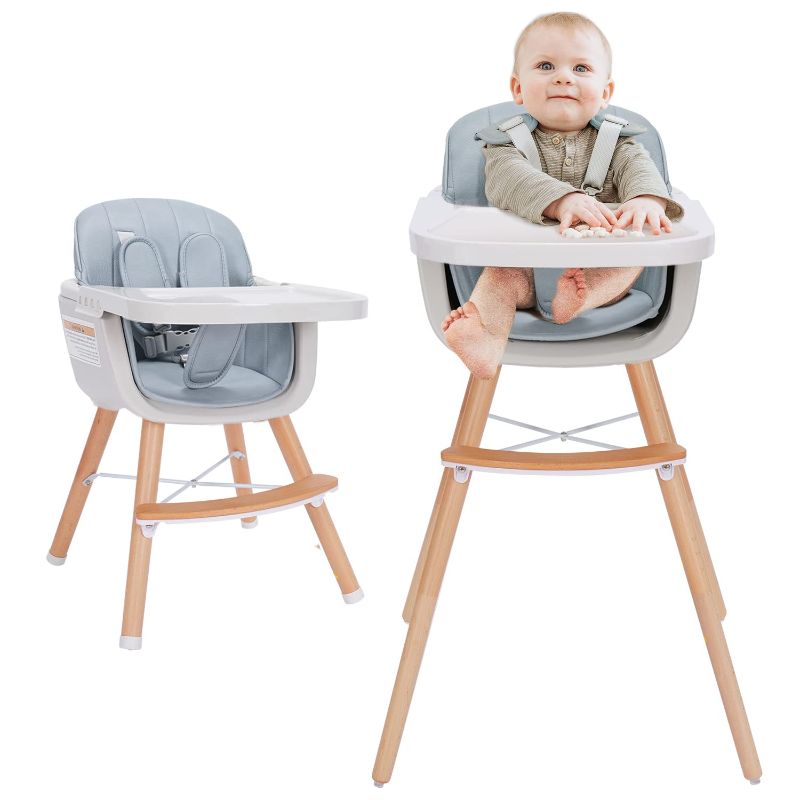 Photo 1 of 3-in-1 Wooden High Chair,Baby High Chair with Adjustable Legs & Dishwasher Safe Tray, Made of Sleek Hardwood & Premium Leatherette, Blue Color

