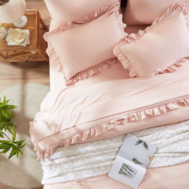 Photo 1 of ***THE MEASUREMENTS ARE UNKNOWN / product similar to the original photo*** Anluoer Queen Comforter Set 7 Piece, Pink Bed in a Bag with Sheets, All Season Ruffle Shabby Chic Bedding Sets with 1 Comforter, 2 Pillow Shams, 2 Pillowcases, 1 Flat Sheet, 1 Fitt