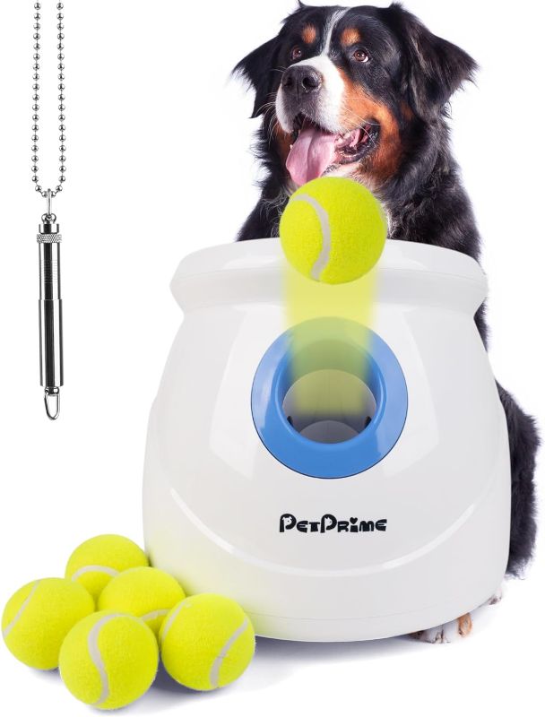 Photo 1 of ***USED AND DIRTY*** PetPrime Dog Automatic Ball Launcher for Large Dogs Dog Ball Thrower Machine Outdoor Indoor Use Interactive Dog Toy Adjustable Distance 10-40ft - Included 6 PCS 2.5” Tennis Balls and a Dog Whistle
